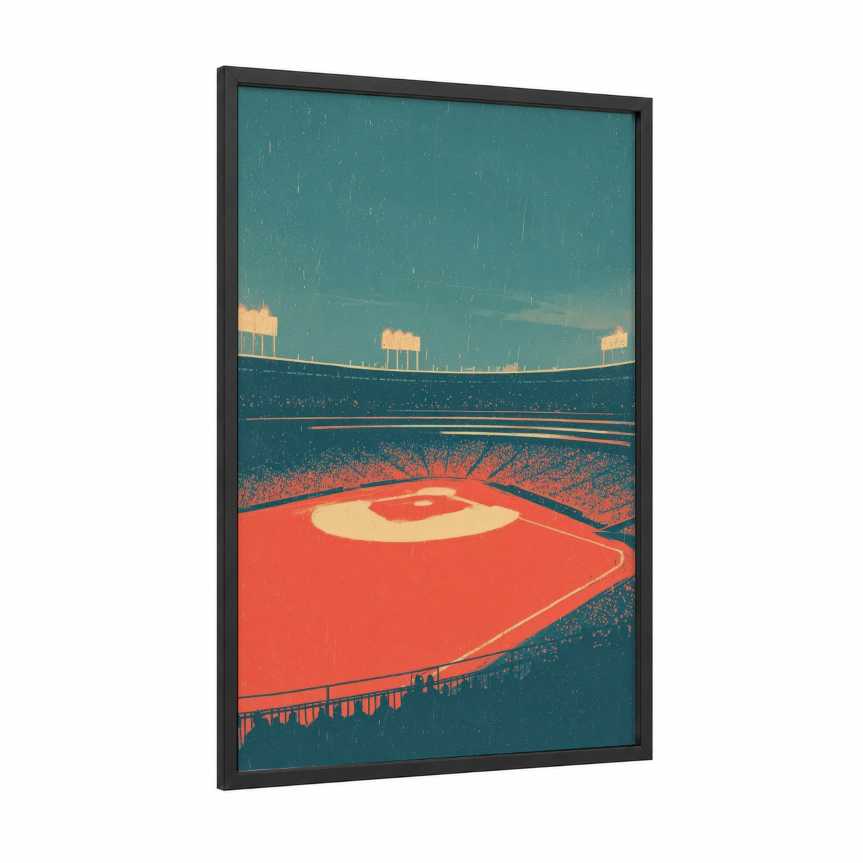 Vintage Stadium Glow framed stadiums and fields print — black wood frame — teal and gold palette