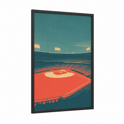Vintage Stadium Glow framed stadiums and fields print — black wood frame — teal and gold palette