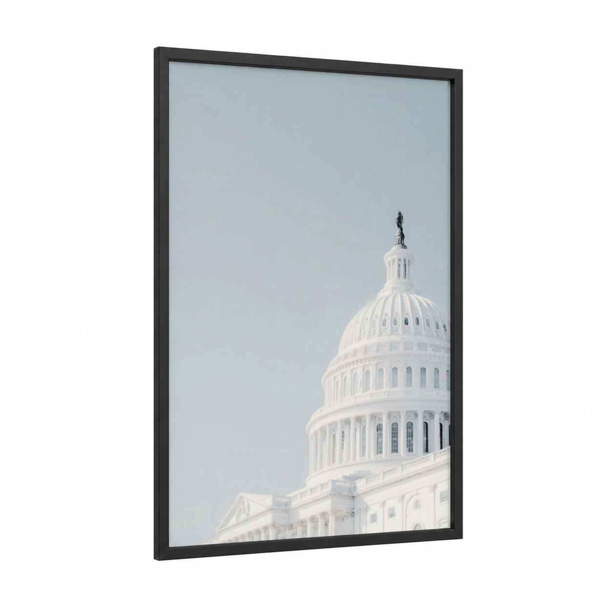 Capitol Dome Morning framed us capitol print — black wood frame — white and gray and white palette