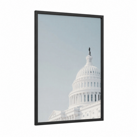 Capitol Dome Morning framed us capitol print — black wood frame — white and gray and white palette