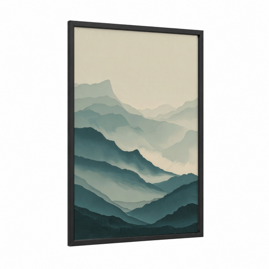 Misty Alps framed art print — black wood frame — dove gray and bermuda gray palette