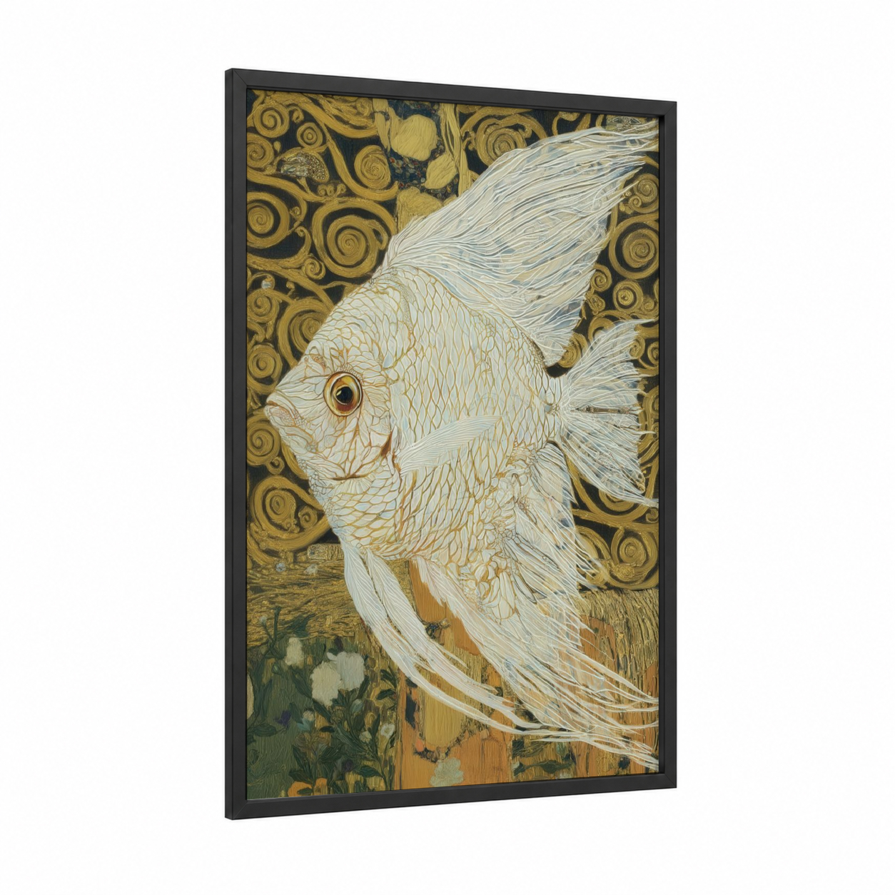 Ornamental Angel Fish framed art print — black wood frame — gold and cream palette