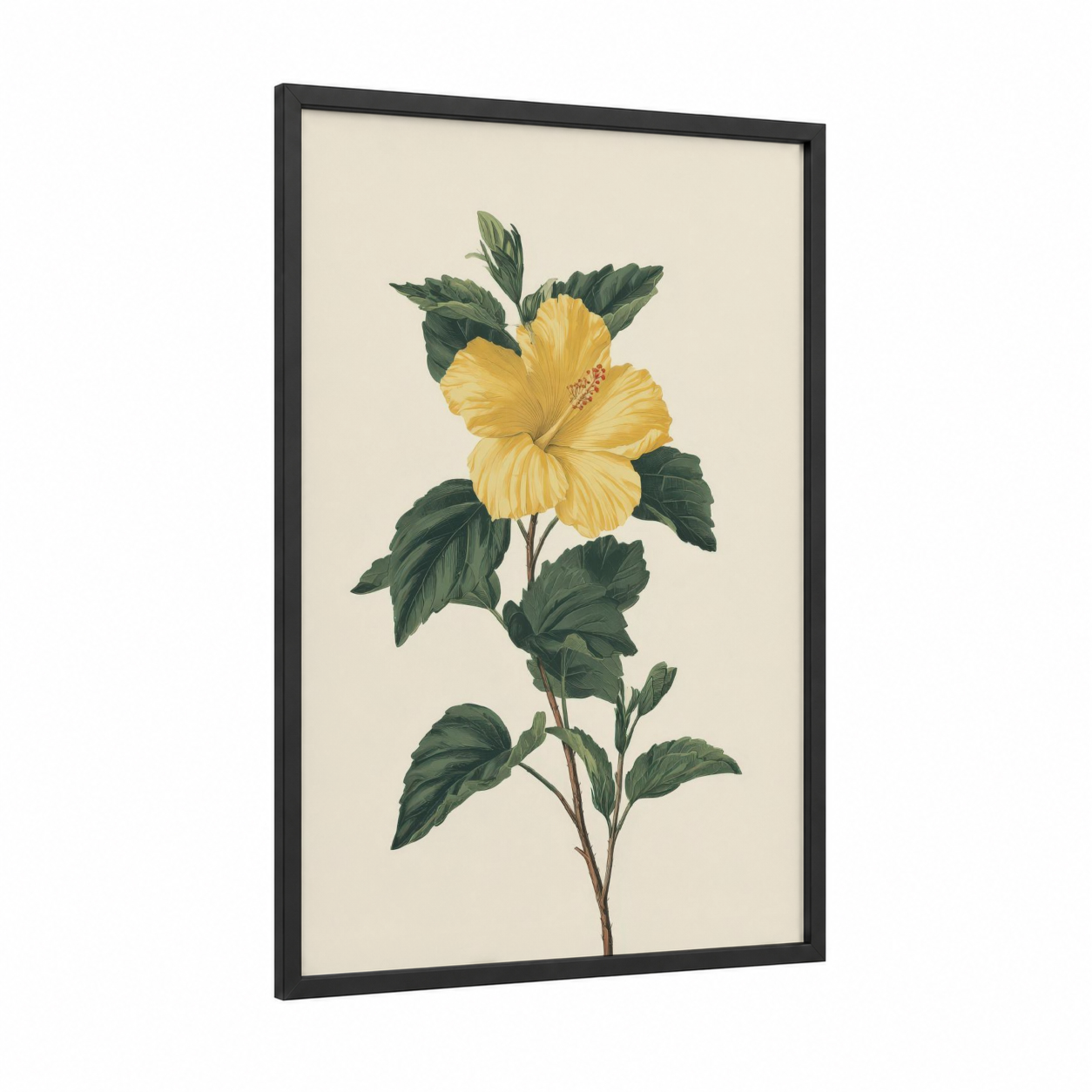 Golden Hibiscus framed art print — black wood frame — yellow gold and dark green palette