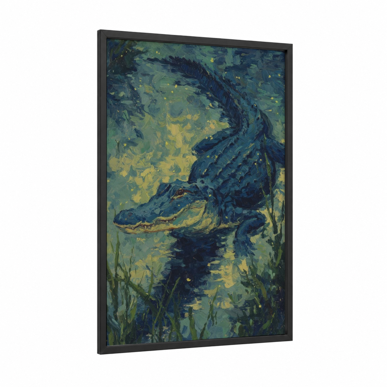 Nocturnal Alligator framed art print — black wood frame — dark blue and yellow gold palette