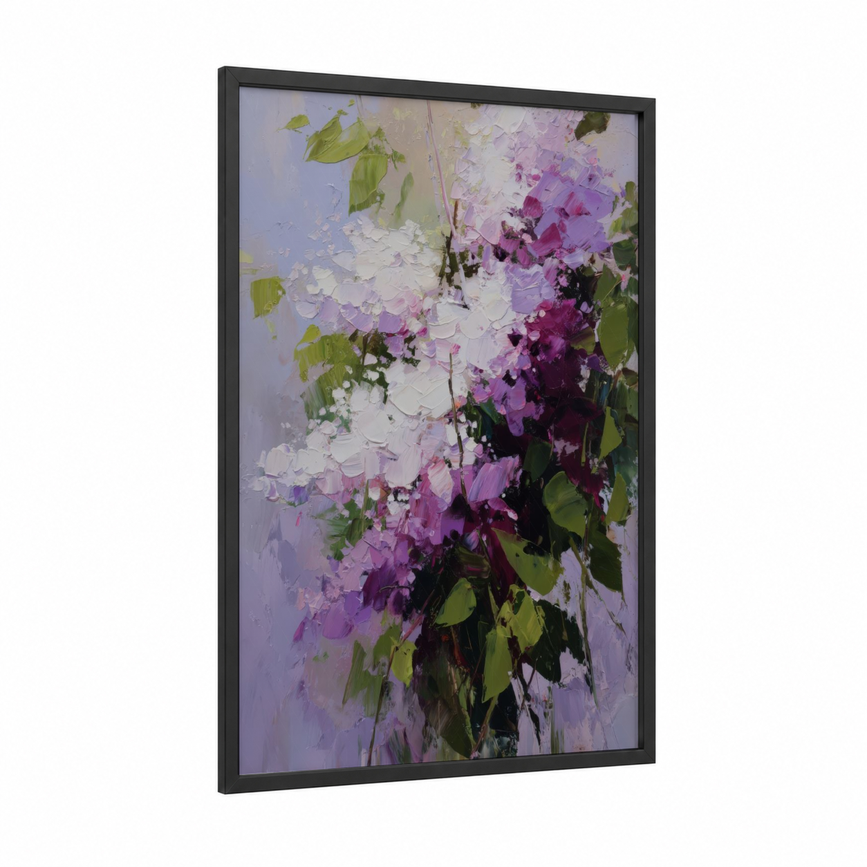 Purple Lilac Blooms framed art print — black wood frame — purple and light green palette