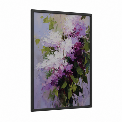 Purple Lilac Blooms framed art print — black wood frame — purple and light green palette