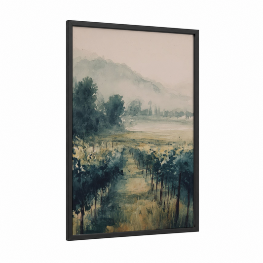 Tuscan Vineyards framed art print — black wood frame — light green and dove gray palette