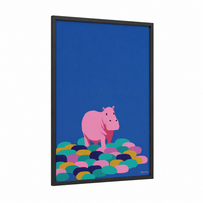 Pink Hippo Illustration framed art print — black wood frame — blue and pink palette