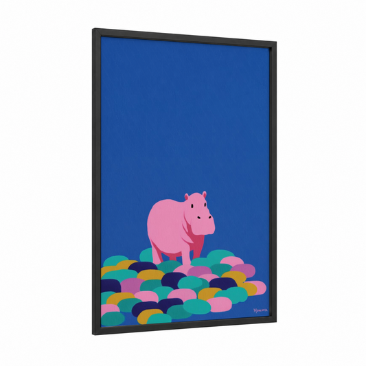 Pink Hippo Illustration framed art print — black wood frame — blue and pink palette