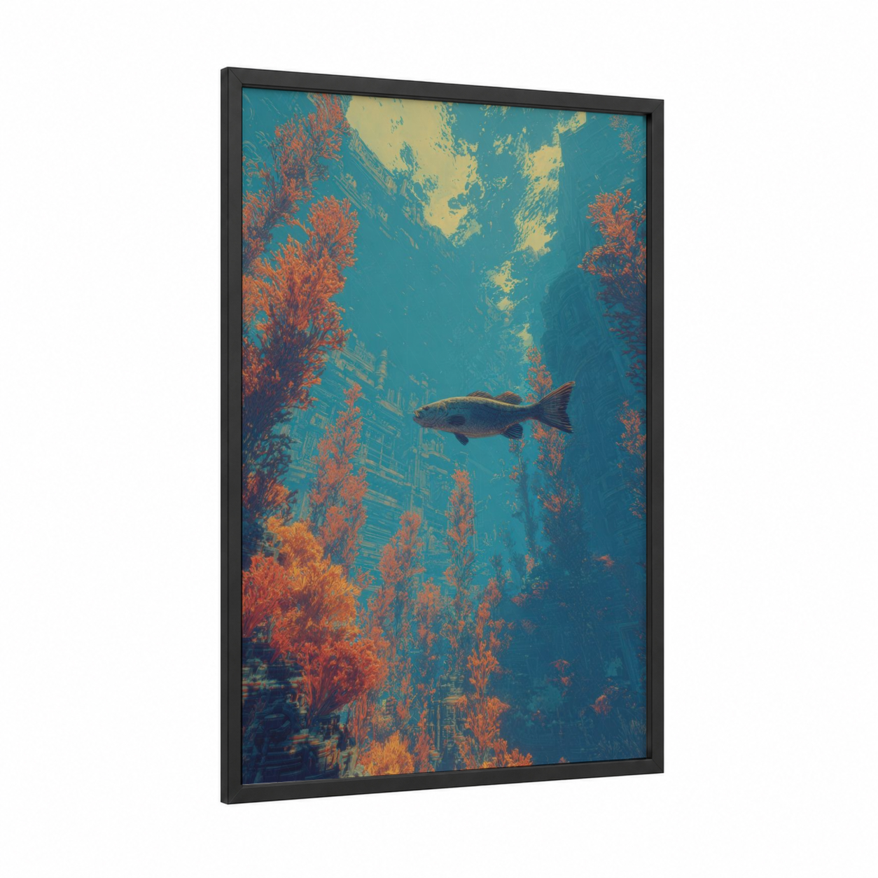 Sunken Snook framed art print — black wood frame — teal and salmon pink palette