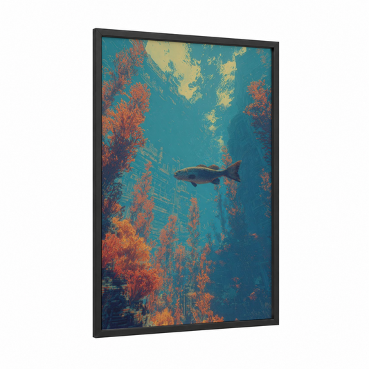 Sunken Snook framed art print — black wood frame — teal and salmon pink palette