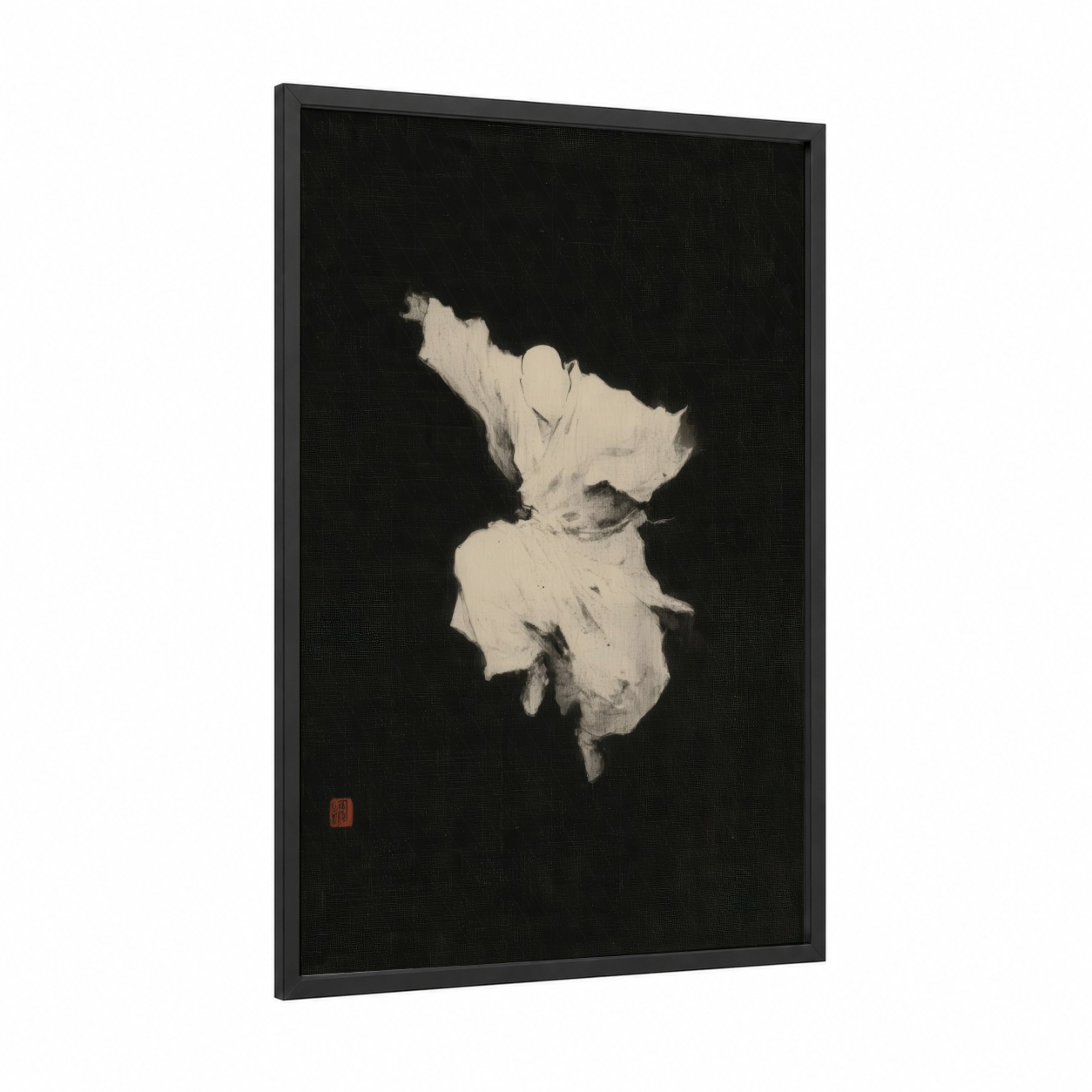 Monochrome Kung Fu framed art print — black wood frame — black and white and cream palette
