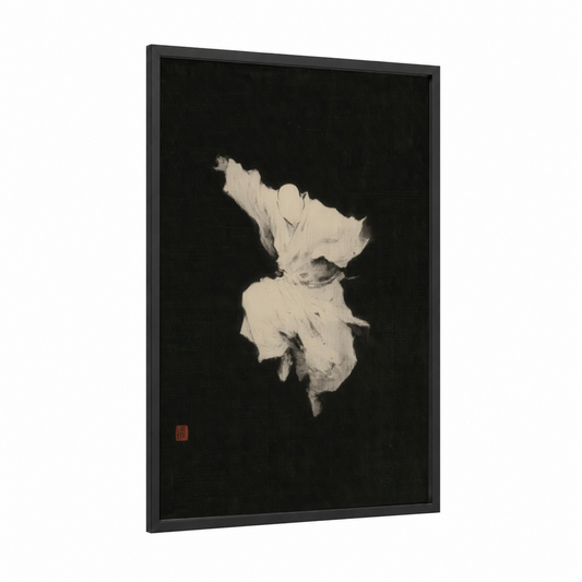 Monochrome Kung Fu framed art print — black wood frame — black and white and cream palette