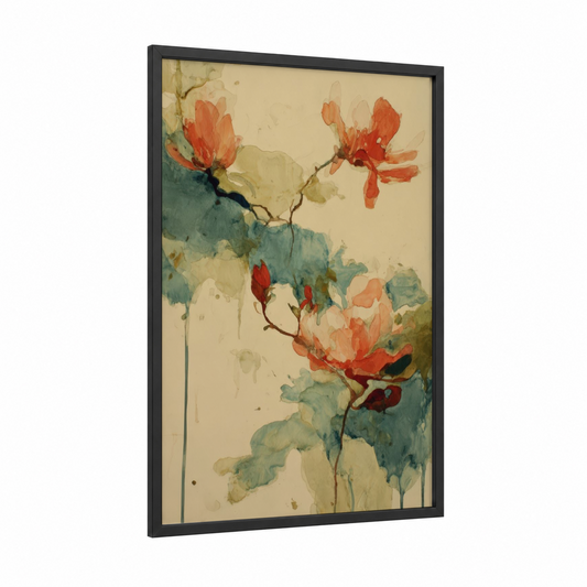 Coral Magnolia Study framed art print — black wood frame — cream and peach palette