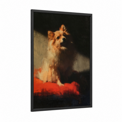 Contemplative Spitz framed art print — black wood frame — gold and black and gold palette