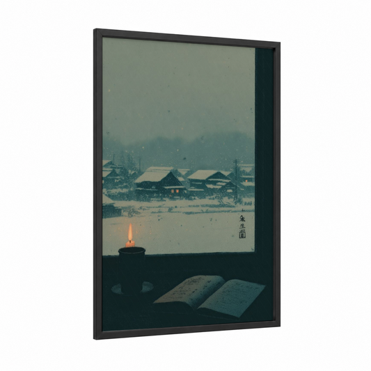 Snowy Window Reading framed art print — black wood frame — gray and dove gray palette