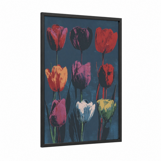 Vibrant Tulip Grid framed art print — black wood frame — magenta and teal palette