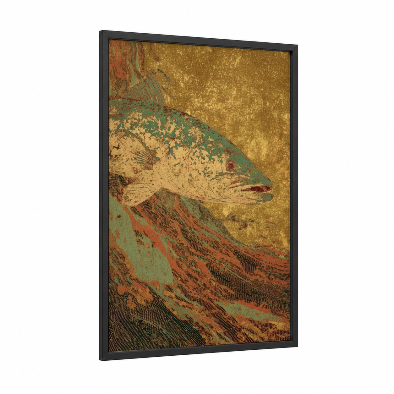 Golden Wahoo framed art print — black wood frame — gold palette