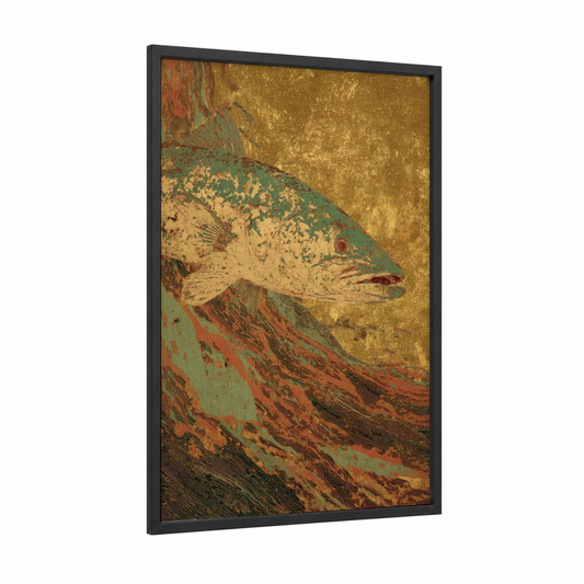 Golden Wahoo framed art print — black wood frame — gold palette