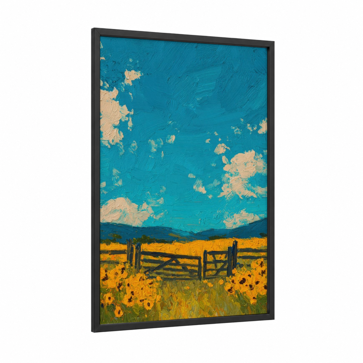 Sunflower Gate framed art print — black wood frame — blue and gold palette