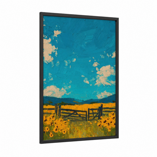 Sunflower Gate framed art print — black wood frame — blue and gold palette