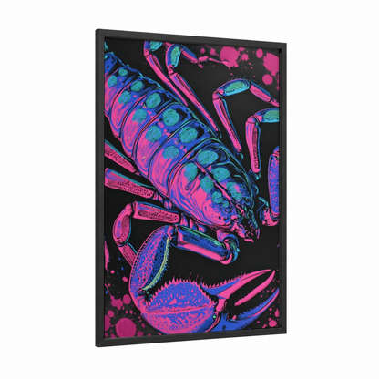 Neon Scorpions framed art print — black wood frame — magenta and blue palette