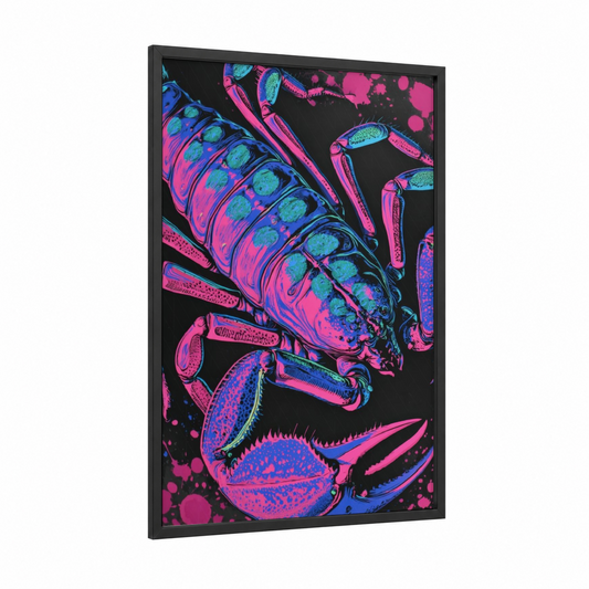 Neon Scorpions framed art print — black wood frame — magenta and blue palette