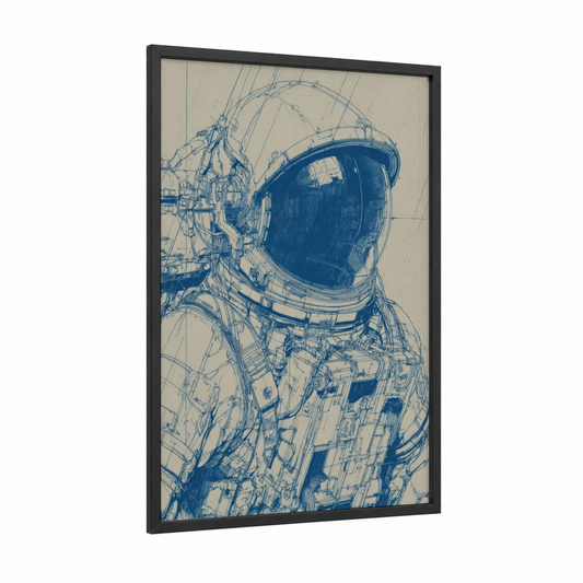Blueprint Astronaut framed art print — black wood frame — blue and cream palette