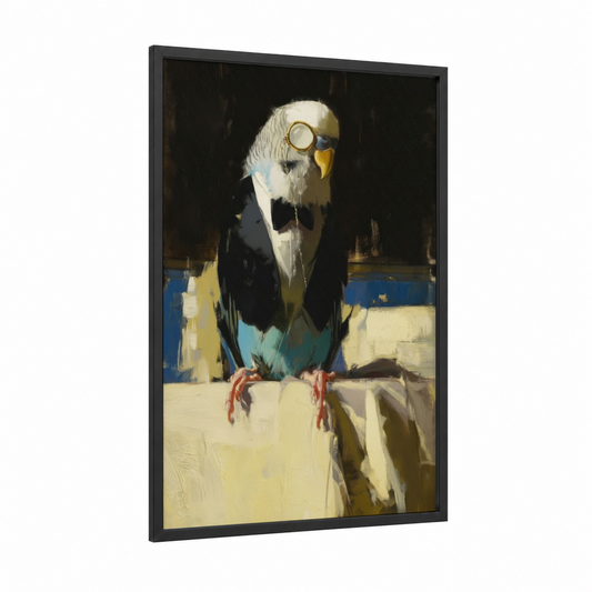 Scholarly Budgie framed budgeridar print — black wood frame — black and gold and blue and yellow palette