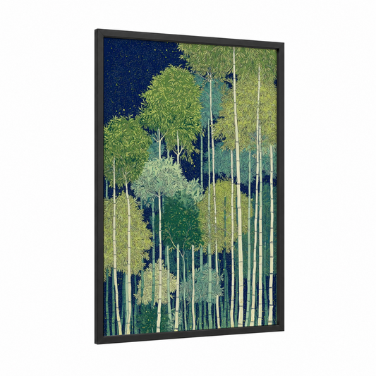 Starlit Bamboo Forest framed art print — black wood frame — dark blue and light green palette