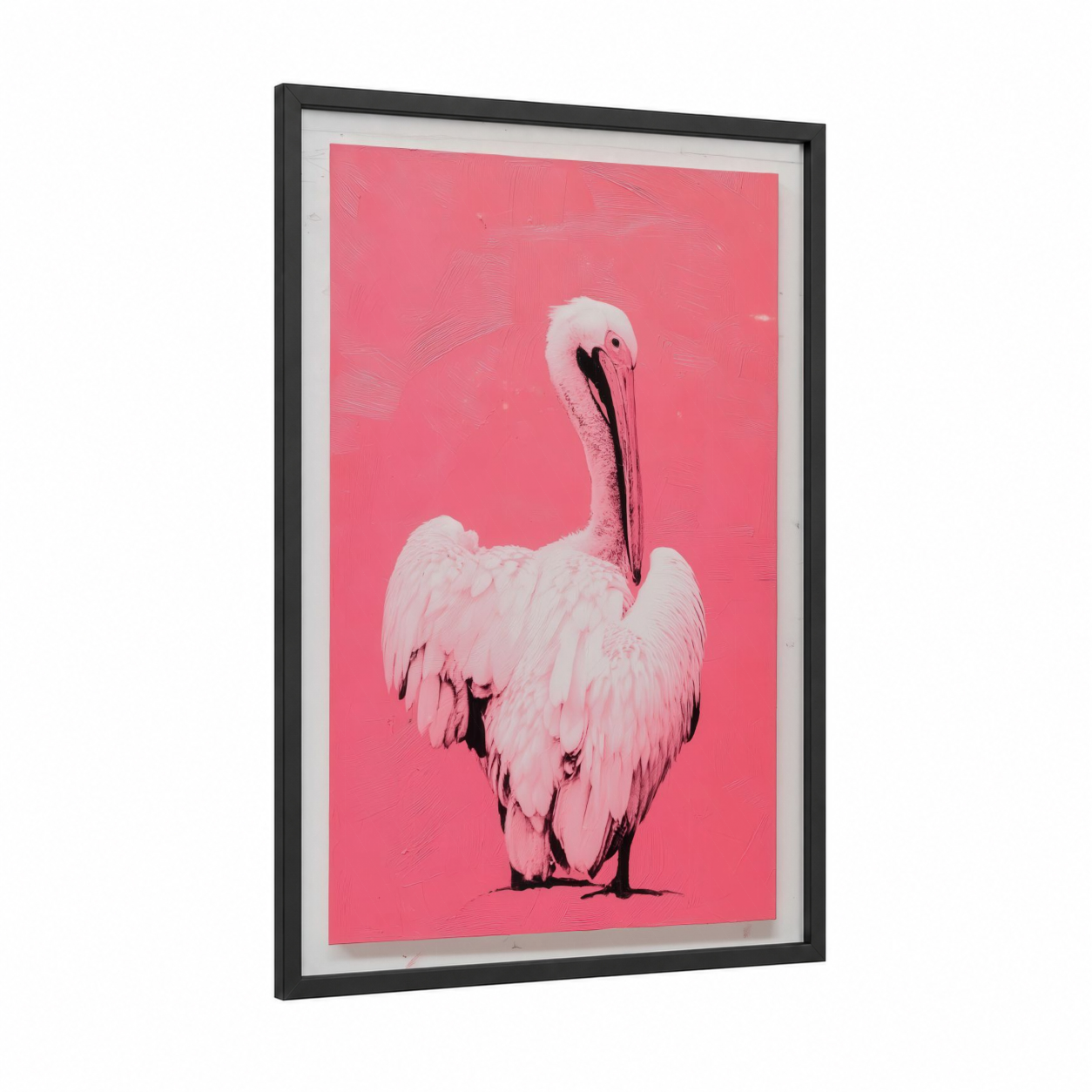 Pink Pelican Portrait framed art print — black wood frame — pink and white palette