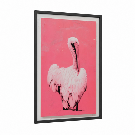 Pink Pelican Portrait framed art print — black wood frame — pink and white palette