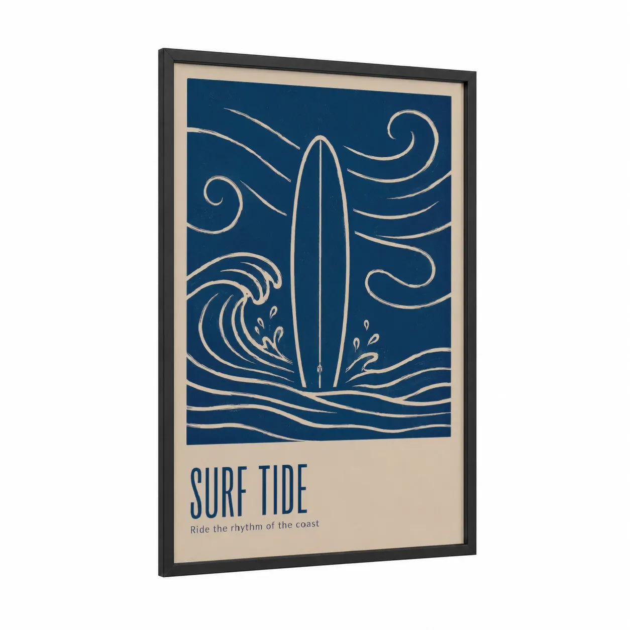 Surfboard Ocean Waves Line Art Wall Art framed surfing print — black wood frame — blue and cream palette