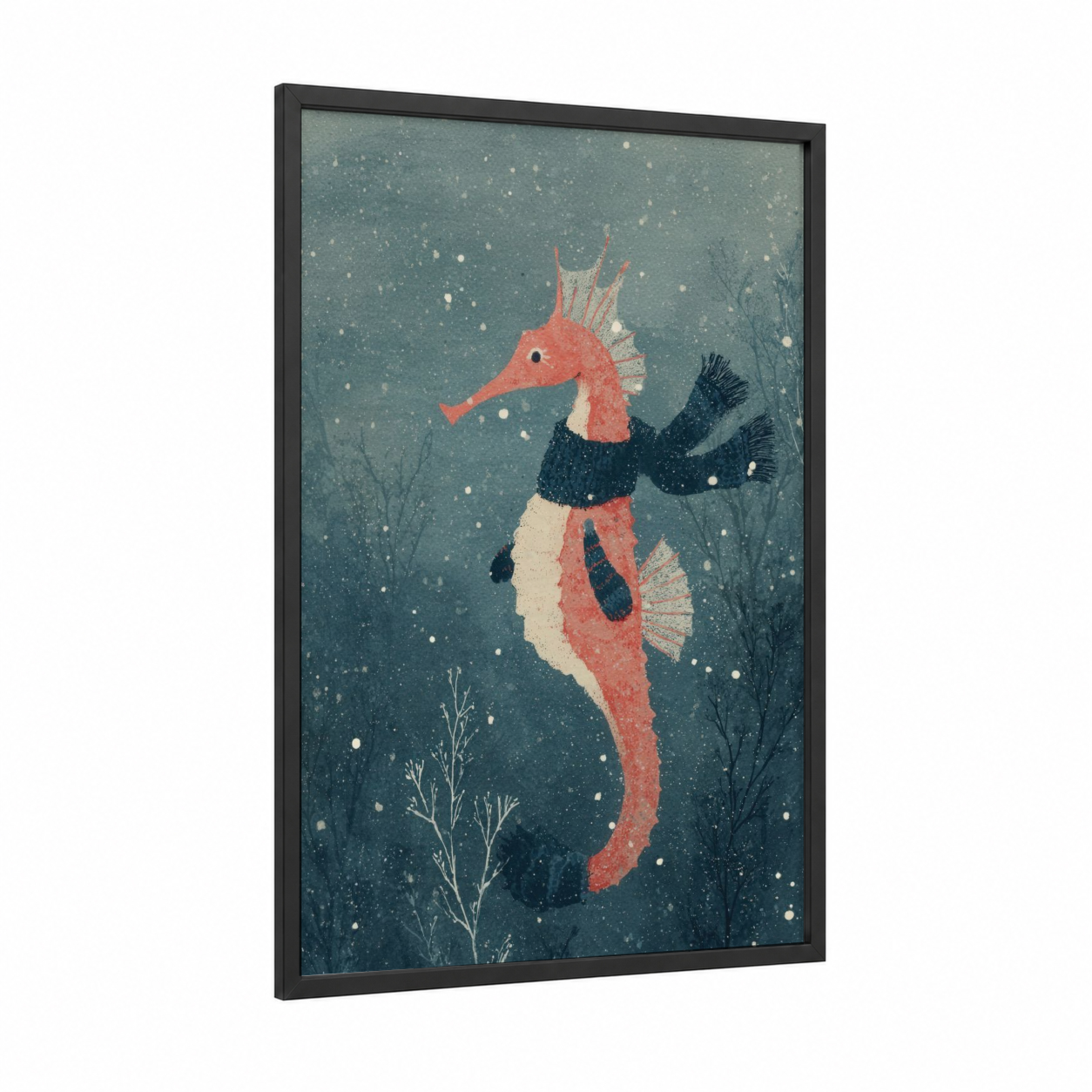 Winter Seahorse framed sea horse print — black wood frame — teal and salmon pink palette