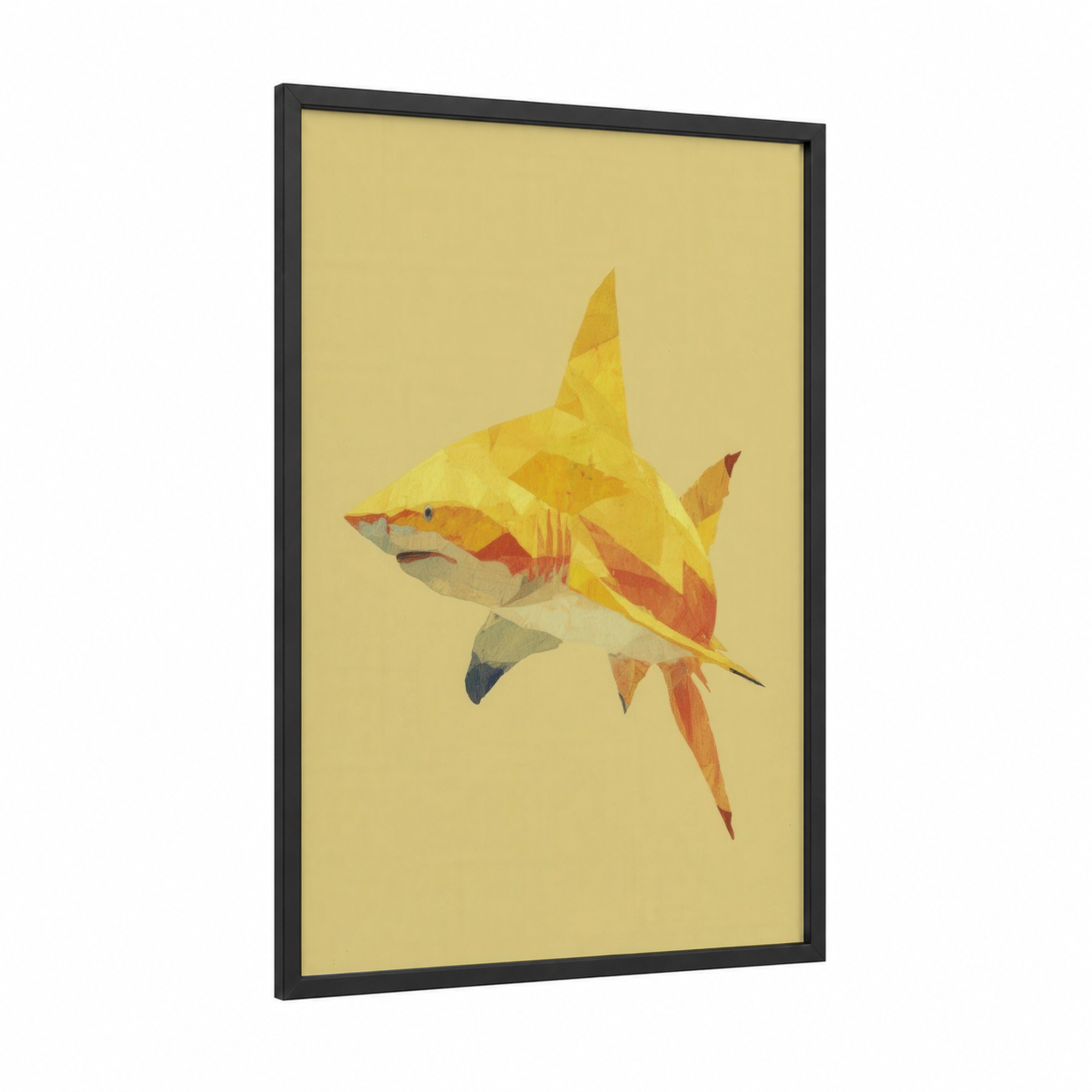 Golden Lemon Shark framed art print — black wood frame — yellow gold and orange palette
