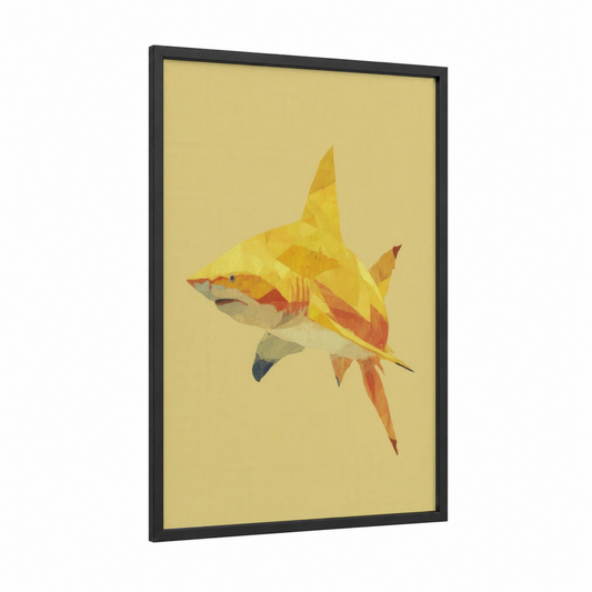 Golden Lemon Shark framed art print — black wood frame — yellow gold and orange palette