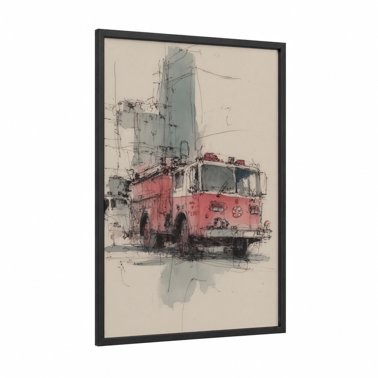 Vintage Fire Engine framed art print — black wood frame — red and gray palette