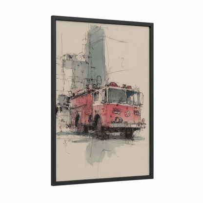 Vintage Fire Engine framed art print — black wood frame — red and gray palette