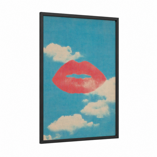 Crimson Lip Clouds framed art print — black wood frame — turquoise and red palette