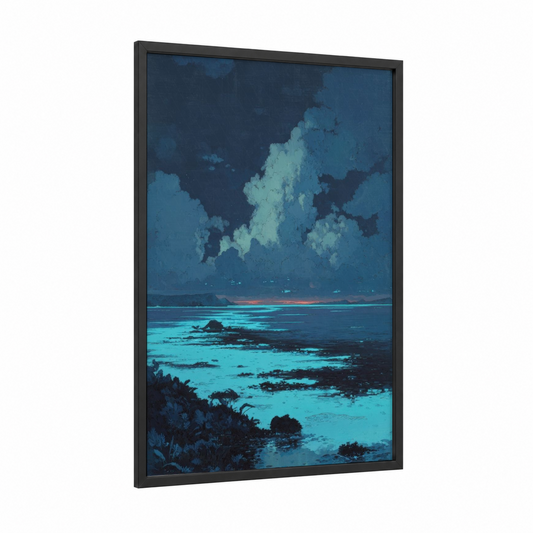 Luminous Seascape framed seascapes and ocean print — black wood frame — dark blue and turquoise palette