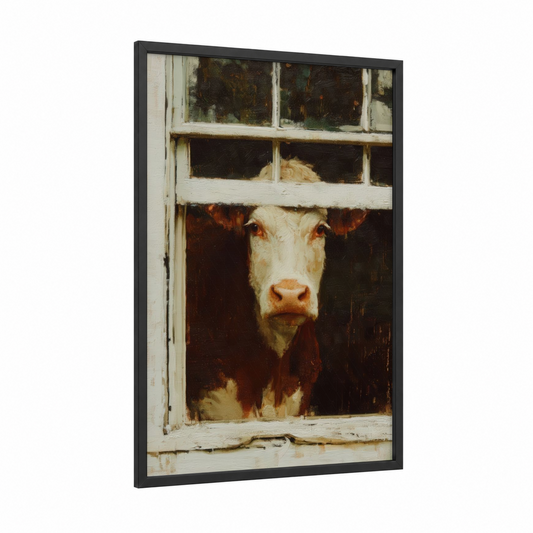 Barn Window Hereford framed hereford cow print — black wood frame — cream and brown palette