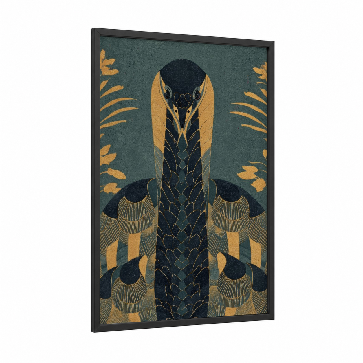 Golden Basilisk framed art print — black wood frame — gold and dark blue palette