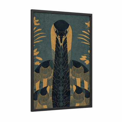Golden Basilisk framed art print — black wood frame — gold and dark blue palette