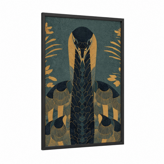 Golden Basilisk framed art print — black wood frame — gold and dark blue palette