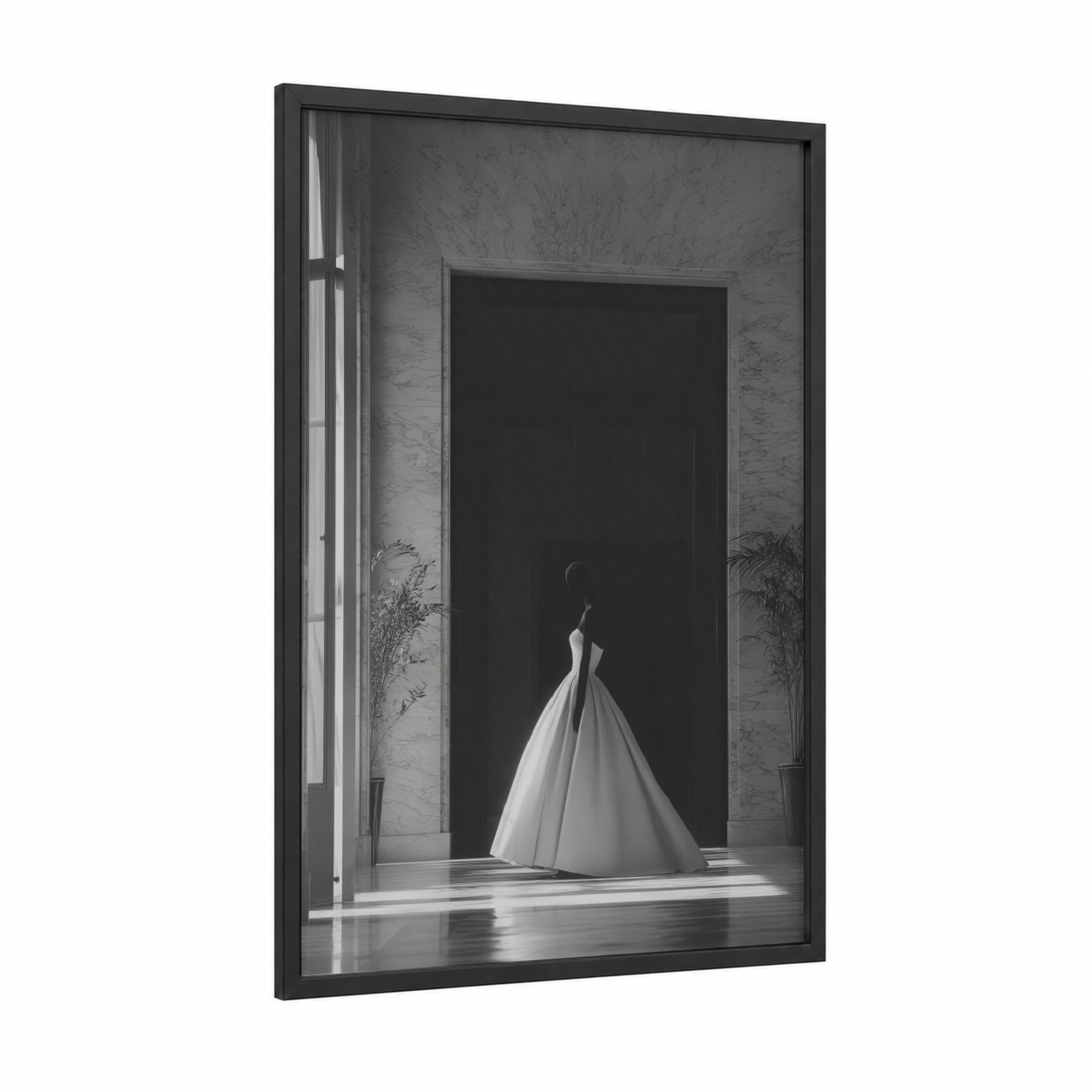 Elegant Ballroom Gown framed retro fashion print — black wood frame — black and white and gray palette
