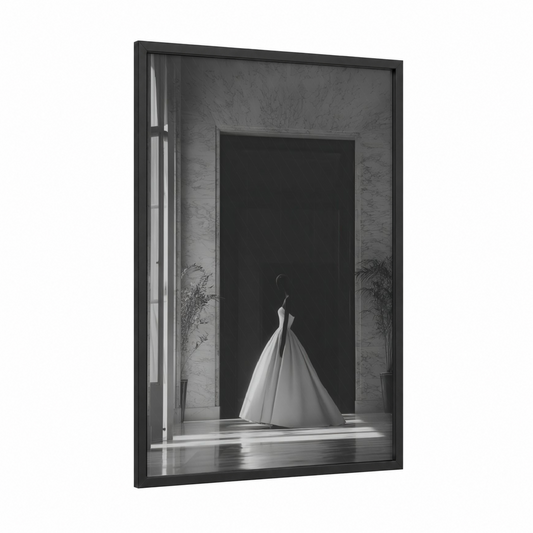 Elegant Ballroom Gown framed retro fashion print — black wood frame — black and white and gray palette