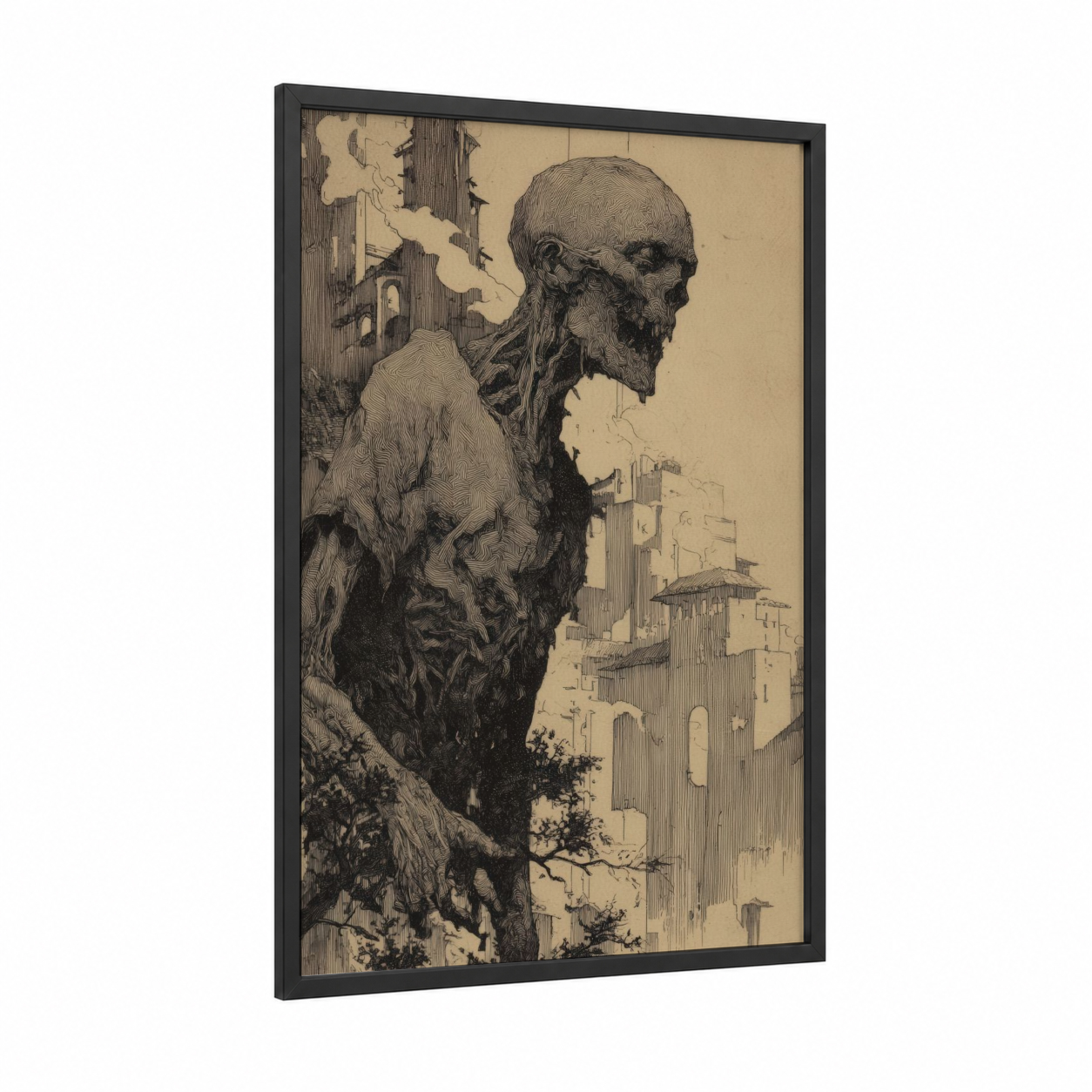 Medieval Zombie framed art print — black wood frame — black and white and nobel palette
