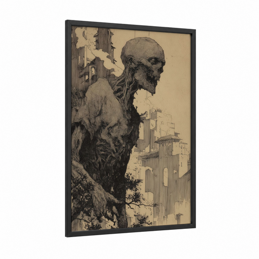 Medieval Zombie framed art print — black wood frame — black and white and nobel palette