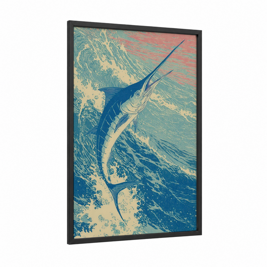 Ocean Marlin framed blue marlin print — black wood frame — blue and white and teal palette