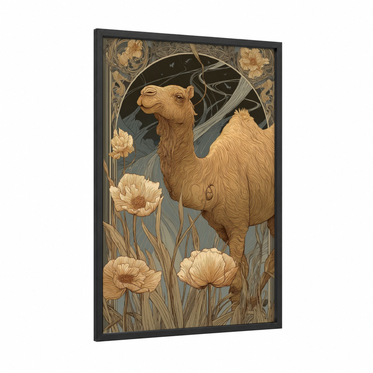 Desert Camel Bloom framed art print — black wood frame — gold and dove gray palette